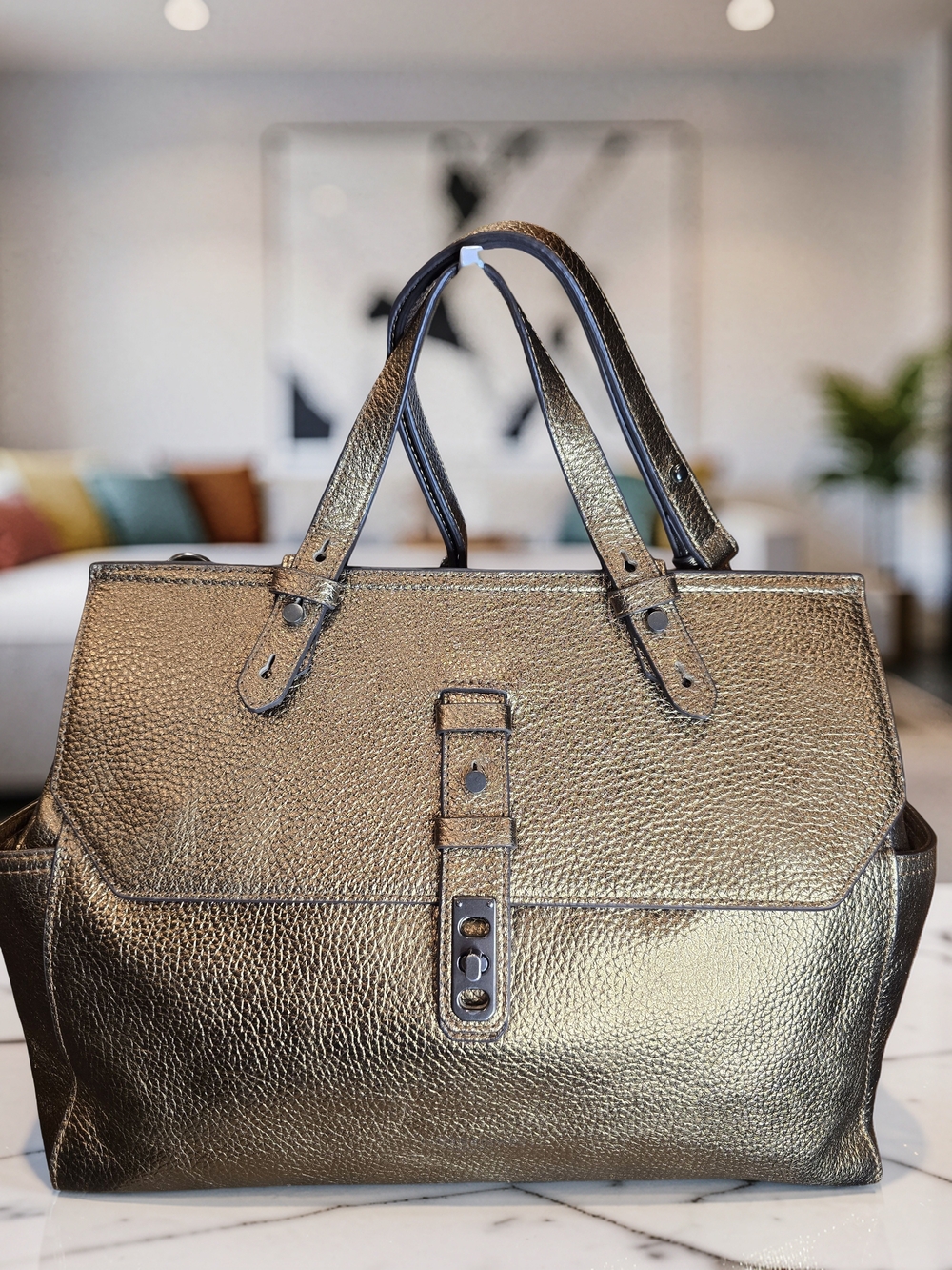 Liebeskind Berlin Metallic Gold Idaho Leather Tote Top Handle Satchel